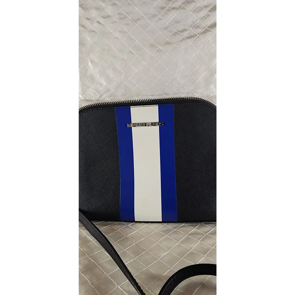 Michael Kors Jet Set Travel Dome Crossbody Black Saffiano Blue White Striperipe